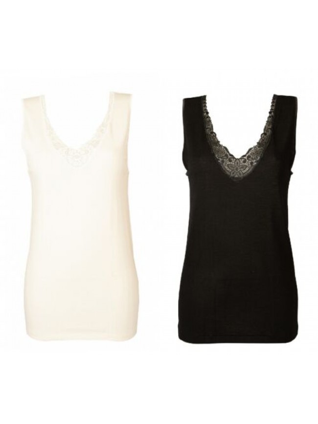 Camiciola donna EGI spalla larga 85% lana e 15% pizzo macramè  bordo in raso art