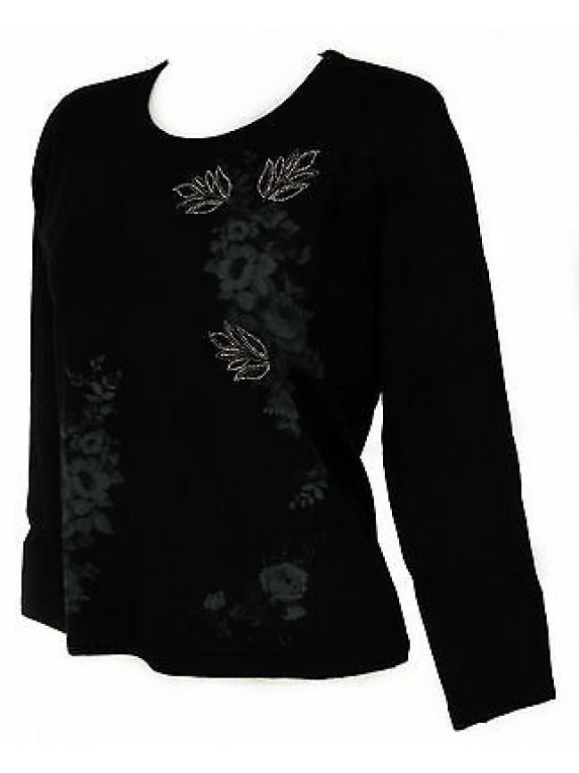 Maglia girocollo fiori donna sweater RISMEL art. G37-47 taglia L col. NERO